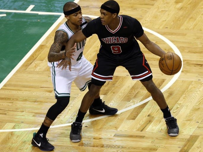 Apr 18, 2017; Boston, MA, USA; Chicago Bulls point guard Rajon Rondo (9) is guarded by Boston Celtics point guard Isaiah Thomas (4) during the third quarter in game two of the first round of the 2017 NBA Playoffs at TD Garden. Mandatory Credit: Greg M. Cooper-USA TODAY Sports