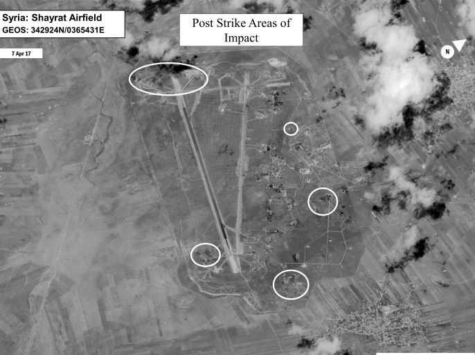 Battle damage assessment image of Shayrat Airfield, Syria, is seen in this DigitalGlobe satellite image, released by the Pentagon following U.S. Tomahawk Land Attack Missile strikes from Arleigh Burke-class guided-missile destroyers, the USS Ross and USS Porter on April 7, 2017. DigitalGlobe/Courtesy U.S. Department of Defense/Handout via REUTERS ATTENTION EDITORS - THIS IMAGE WAS PROVIDED BY A THIRD PARTY. EDITORIAL USE ONLY. MANDATORY CREDIT.