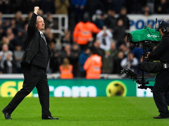 NEWCASTLE UPON TYNE, ENGLAND - APRIL 24: Rafa Benitez manager of Newcastle United celebrates victory and promotion after the Sky Bet Championship match between Newcastle United and Preston North End at St James' Park on April 24, 2017 in Newcastle upon Tyne, England. Newcastle United are promoted back to the Premier League following their 4-1 win. (Photo by Stu Forster/Getty Images)