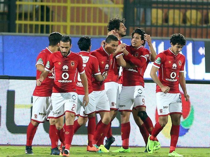 epa05842971 Al Ahly's players celebrate after soccer against Bidvest Wits during the African Champions League (CAF) match between Al Ahly and Bidvest Wits at Salam stadium in Cairo, Egypt, 11 March 2017. EPA/KHALED ELFIQI