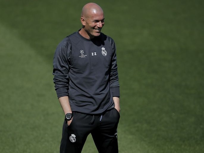 MADRID, SPAIN - MAY 09: Head coach Zinedine Zidane of Real Madrid CF smiles during a training session ahead of the UEFA Champions League Semifinal Second leg match between Club Atletico de Madrid and Real Madrid CF at Valdebebas training ground on May 9, 2017 in Madrid, Spain. (Photo by Gonzalo Arroyo Moreno/Getty Images)