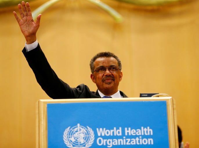Newly elected Director General of the World Health Organization (WHO) Tedros Adhanom Ghebreyesus waves after his speech during the 70th World Health Assembly in Geneva, Switzerland, May 23, 2017. REUTERS/Denis Balibouse TPX IMAGES OF THE DAY