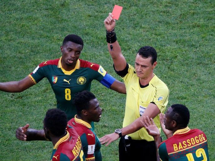 Soccer Football - Germany v Cameroon - FIFA Confederations Cup Russia 2017 - Group B - Fisht Stadium, Sochi, Russia - June 25, 2017 Cameroon’s Ernest Mabouka is shown a red card by referee Wilmar Roldan REUTERS/Grigory Dukor