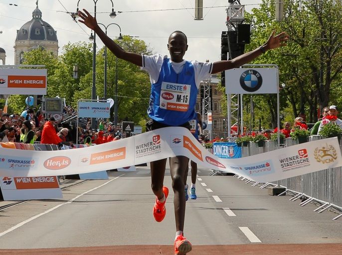Albert Korir of Kenya crosses the finish line to win the Vienna City Marathon in Vienna, Austria, April 23, 2017. REUTERS/Heinz-Peter Bader