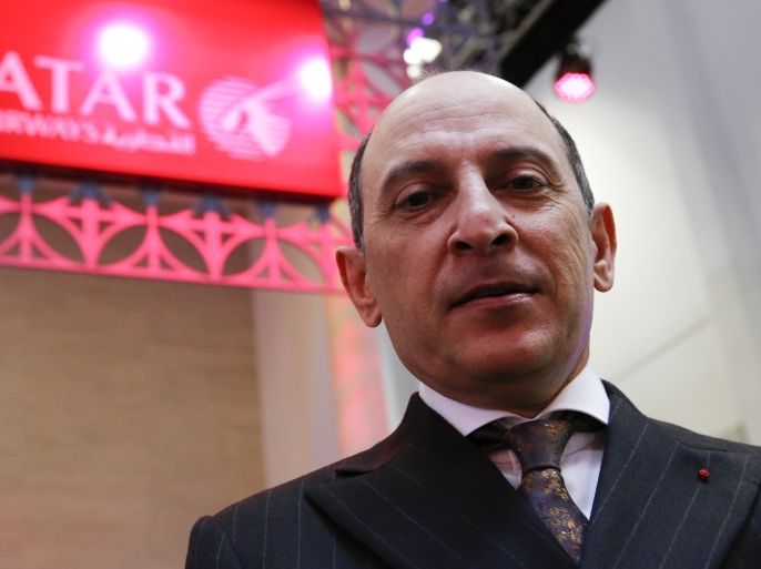 Qatar Airways Chief Executive Akbar Al Baker tours the stand of the company at the International Tourism Trade Fair (ITB) in Berlin, Germany, March 9, 2016. The head of Qatar Airways kept up pressure on U.S. engine maker Pratt & Whitney over delays and technical problems on Wednesday, saying engines for its Airbus A320neo aircraft had not been adequately tested. REUTERS/Fabrizio Bensch