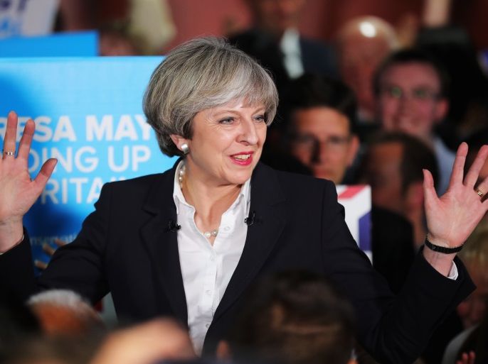 BRADFORD, ENGLAND - JUNE 05: British Prime Minister Theresa May addresses supporters at The Provident Stadium as the Conservative election campaign resumes on June 5, 2017 in Bradford, England. The political parties have resumed campaigning after the weekend's terror attacks in the London Bridge and Borough areas of Central London. Theresa May has been campaigning in London, Scotland and West Yorkshire today. (Photo by Christopher Furlong/Getty Images)