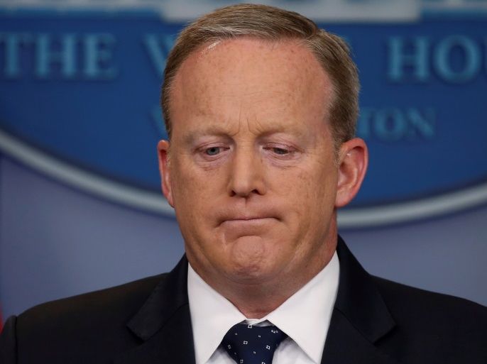 White House Press Secretary Sean Spicer reacts to a reporter's question during his daily briefing at the White House in Washington, U.S., June 20, 2017. REUTERS/Jonathan Ernst