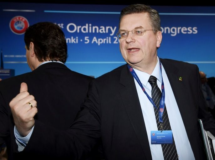 President of German Football Association (DFB) Reinhard Grindel attends the 41st Ordinary UEFA Congress at the Fair Centre Messukeskus in Helsinki, Finland April 5, 2017. Lehtikuva/Markku Ulander/via REUTERS ATTENTION EDITORS - THIS IMAGE WAS PROVIDED BY A THIRD PARTY. FOR EDITORIAL USE ONLY. NO THIRD PARTY SALES. NOT FOR USE BY REUTERS THIRD PARTY DISTRIBUTORS. FINLAND OUT. NO COMMERCIAL OR EDITORIAL SALES IN FINLAND.