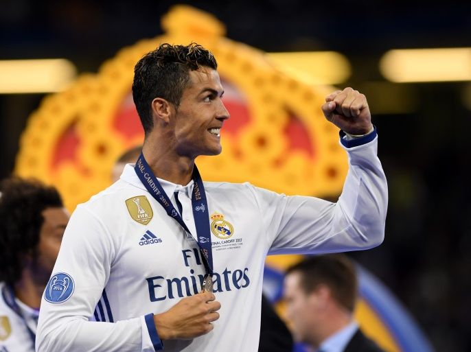 CARDIFF, WALES - JUNE 03: Cristiano Ronaldo of Real Madrid celebrates after the UEFA Champions League Final between Juventus and Real Madrid at National Stadium of Wales on June 3, 2017 in Cardiff, Wales. (Photo by Matthias Hangst/Getty Images)