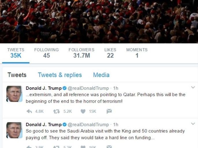 صورة من حساب الرئيس الأميركي في تويتر تتحدث عن أزمة الخليج