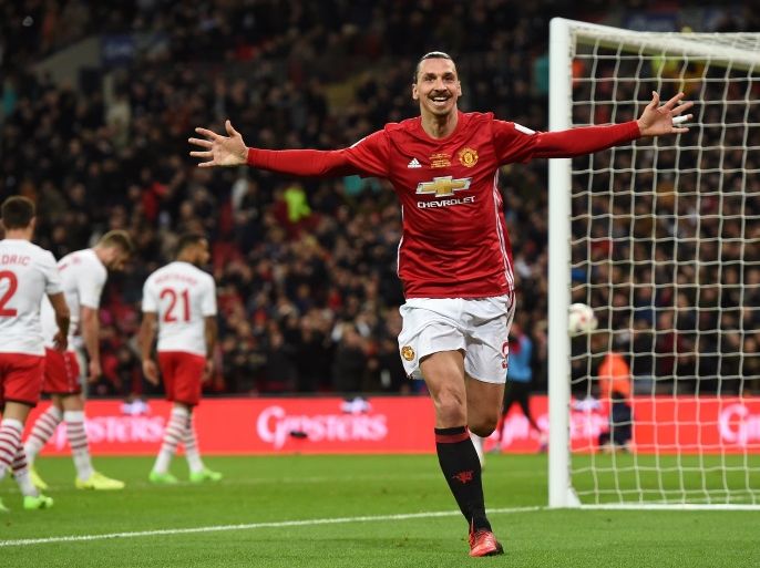 epa05816981 Manchester United's Zlatan Ibrahimovic celebrates after scoring against Southampton during the English Football League cup final soccer match at Wembley Stadium in London, Britain, 26 February 2017. EPA/ANDY RAIN EDITORIAL USE ONLY. No use with unauthorized audio, video, data, fixture lists, club/league logos or 'live' services. Online in-match use limited to 75 images, no video emulation. No use in betting, games or single club/league/player publications.
