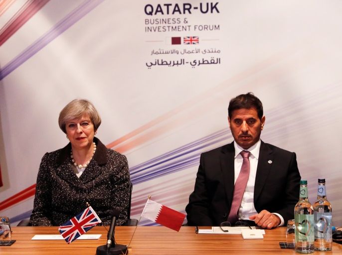 Britain's Prime Minister Theresa May and Qatar's Prime Minister Abdullah bin Nasser bin Khalifa Al Thani attend the Qatar-UK Business and Investment Forum in Birmingham, March 28, 2017. REUTERS/Darren Staples