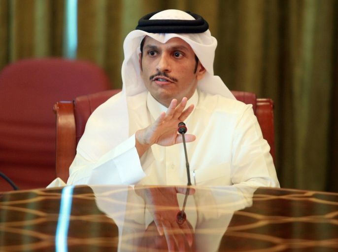 Qatar's foreign minister Sheikh Mohammed bin Abdulrahman al-Thani gestures as he speaks to reporters in Doha, Qatar, June 8, 2017. REUTERS/Naseem Zeitoon