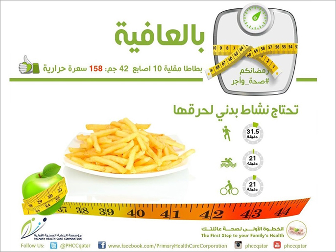 كم سعرا حراريا في عشر قطع بطاطا مقلية؟ بوستر من مؤسسة الرعاية الصحية الأولية في قطر