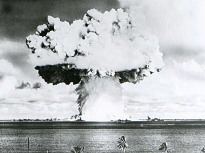 This U.S. Navy handout image shows Baker, the second of the two atomic bomb tests, in which a 63-kiloton warhead was exploded 90 feet under water as part of Operation Crossroads, conducted at Bikini Atoll in July 1946 to measure nuclear weapon effects on warships. The United States said on April 25, 2014, it was examining lawsuits filed by the Marshall Islands against it and eight other nuclear-armed countries that accuse them of failing in their obligation to negotiate