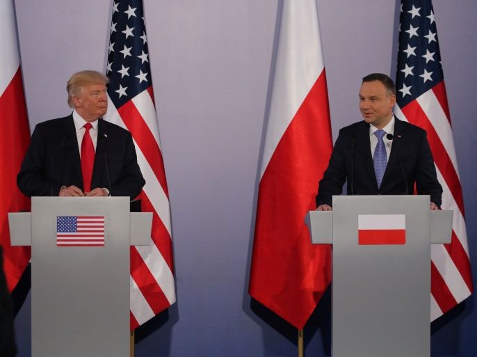 U.S. President Donald Trump and Polish President Andrzej Duda hold a joint news conference, in Warsaw, Poland July 6, 2017. REUTERS/Carlos Barria