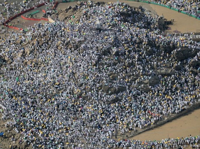 An aerial view shows Muslim pilgrims gathering on Mount Arafat, also known as Jabal al-Rahma (Mount of Mercy), southeast of the Saudi holy city of Mecca, on Arafat Day which is the climax of the Hajj pilgrimage on August 31, 2017.Arafat is the site where Muslims believe the Prophet Mohammed gave his last sermon about 14 centuries ago after leading his followers on the pilgrimage. / AFP PHOTO / KARIM SAHIB (Photo credit should read KARIM SAHIB/AFP/Getty Images)