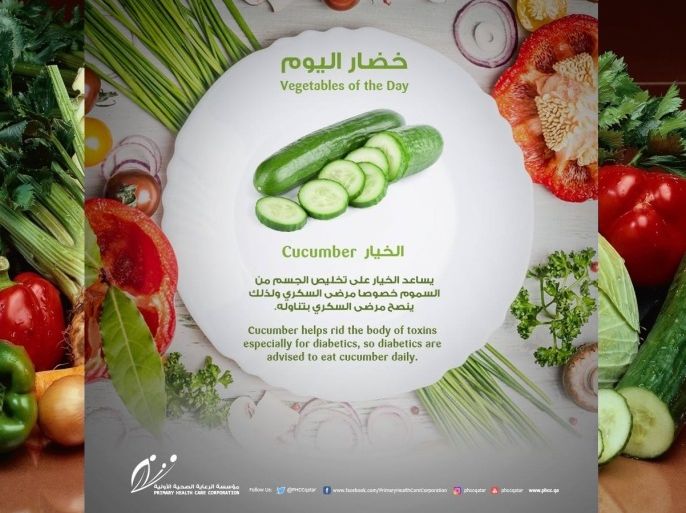 الخيار خيار cucumber بوستر خضار اليوم: خيار، المصدر: صفحة مؤسسة الرعاية الصحية الأولية على الفيسبوك.