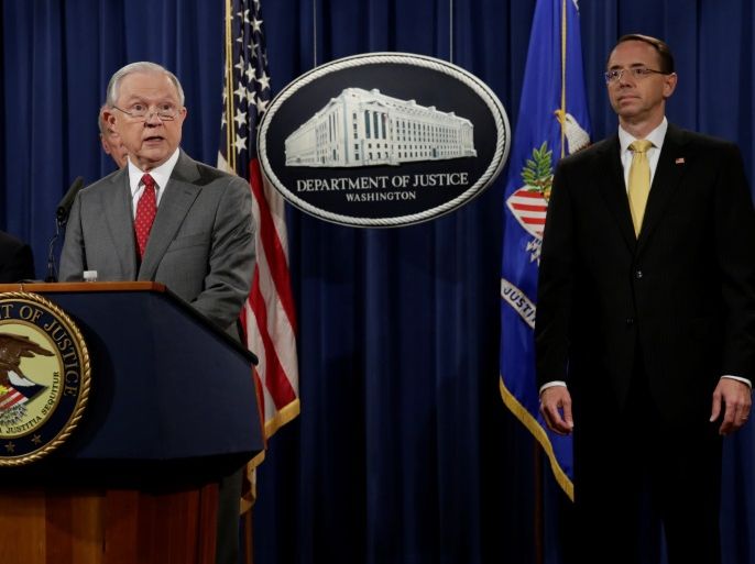 U.S. Attorney General Jeff Sessions speaks at a briefing on leaks of classified material threatening national security at the Justice Department in Washington, U.S., August 4, 2017. REUTERS/Yuri Gripas TPX IMAGES OF THE DAY