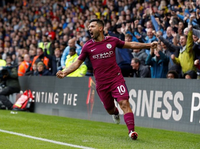 Soccer Football - Premier League - Watford vs Manchester City - Vicarage Road, Watford, Britain - September 16, 2017 Manchester City's Sergio Aguero celebrates scoring their fifth goal completing his hat-trick REUTERS/Darren Staples EDITORIAL USE ONLY. No use with unauthorized audio, video, data, fixture lists, club/league logos or