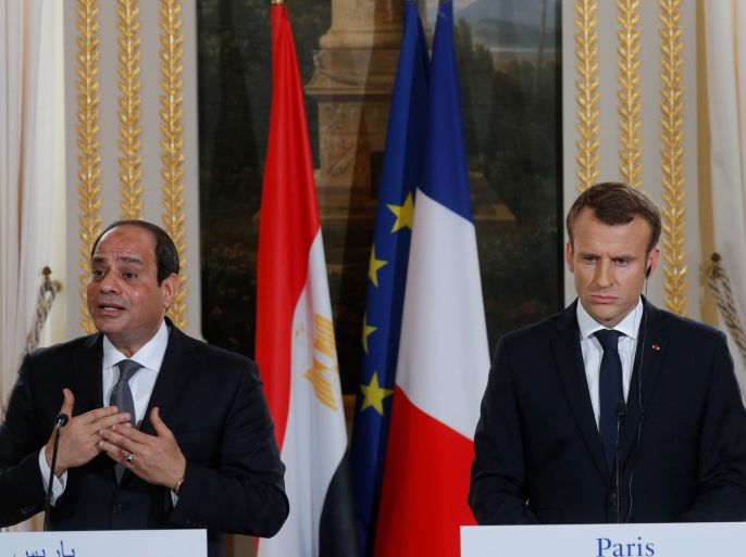 French President Emmanuel Macron (R) and Egypt's President Abdel Fattah al-Sisi attend a press conference at the Elysee Palace in Paris on October 24, 2017. Sisi, a former general who ousted the elected Islamist president Mohamed Morsi in 2013, is meeting the French president, defence and foreign ministers as well as business groups during his three-day trip. / AFP PHOTO / POOL / PHILIPPE WOJAZER (Photo credit should read PHILIPPE WOJAZER/AFP/Getty Images)