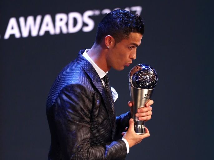 LONDON, ENGLAND - OCTOBER 23: Cristiano Ronaldo of Portugal and Real Madrid CF wins The best Fifa men's player during The Best FIFA Football Awards Show on October 23, 2017 in London, England. (Photo by Michael Steele/Getty Images)