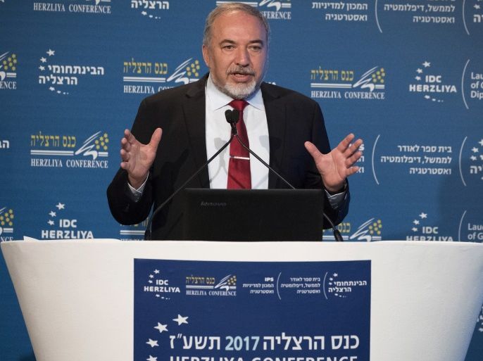 Israeli Defence Minister Avigdor Lieberman speaks during the Herzliya Conference on June 22, 2017 in the central Israeli city of Herzliya.Lieberman accused Palestinian president Mahmud Abbas of trying to spark a fresh conflict between the Jewish state and Abbas's longtime rivals Hamas. He said Abbas, head of the secular Fatah movement that rules the occupied West Bank, was trying to increase tensions by cutting payments for electricity and other services in Gaza. / AFP