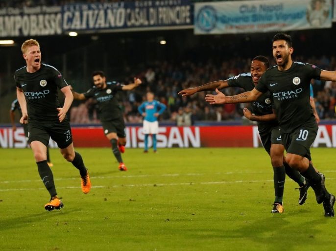 Soccer Football - Champions League - S.S.C. Napoli vs Manchester City - Stadio San Paolo, Naples, Italy - November 1, 2017 Manchester City's Sergio Aguero celebrates scoring their third goal Action Images via Reuters/Andrew Boyers