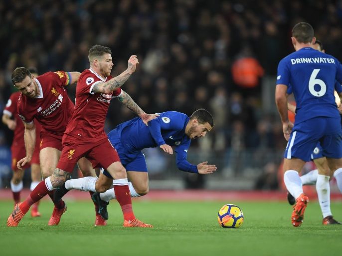 LIVERPOOL, ENGLAND - NOVEMBER 25: Jordan Henderson of Liverpooll and Alberto Moreno of Liverpool foul Eden Hazard of Chelsea during the Premier League match between Liverpool and Chelsea at Anfield on November 25, 2017 in Liverpool, England. (Photo by Shaun Botterill/Getty Images)