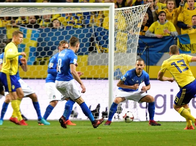 Soccer Football - 2018 World Cup Qualifiers - Sweden v Italy - Friends Arena, Stockholm, Sweden - November 10, 2017. Sweden's Jakob Johansson scores for 1-0. TT News Agency/Anders Wiklund via REUTERS ATTENTION EDITORS - THIS IMAGE WAS PROVIDED BY A THIRD PARTY. SWEDEN OUT. NO COMMERCIAL OR EDITORIAL SALES IN SWEDEN