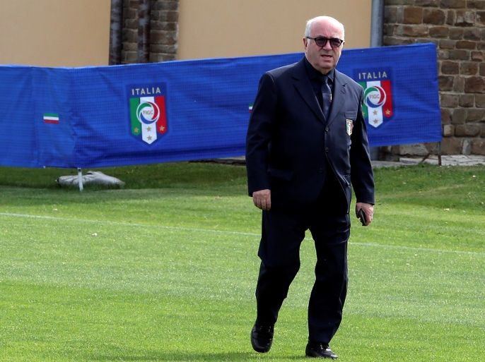 Italian Football Federation President Carlo Tavecchio arrives before the Italy's national soccer team official photo at the Coverciano training center, near Florence, June 1, 2016. REUTERS/Stefano Rellandini