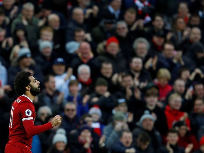 Soccer Football - Premier League - Liverpool vs Southampton - Anfield, Liverpool, Britain - November 18, 2017 Liverpool's Mohamed Salah celebrates scoring their first goal REUTERS/Phil Noble EDITORIAL USE ONLY. No use with unauthorized audio, video, data, fixture lists, club/league logos or