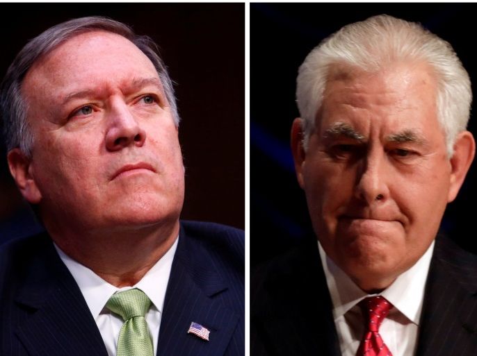 A combination photo of Central Intelligence Agency Director Mike Pompeo (L) on May 11, 2017 and U.S. Secretary of State Rex Tillerson in Washington, U.S., November 28, 2017. REUTERS/Eric Thayer/Yuri Gripas/File Photos