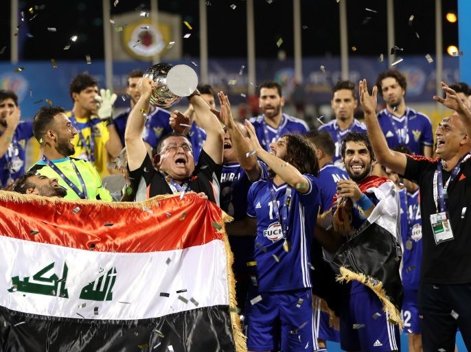 Football Soccer - Iraq's Air Force Club v India's JSW Bengaluru FC- AFC Cup 2016 Final - Suhaim Bin Hamad Stadium, Doha, Qatar - 5/11/16 Iraq's Air Force Club team celebrate with trophy their victory. REUTERS/Ibrahem Alomari