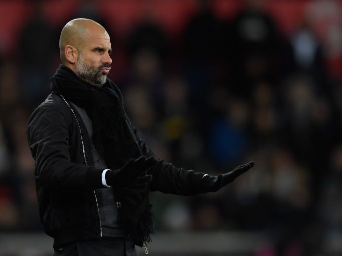 SWANSEA, WALES - DECEMBER 13: Manchester City manager Pep Guardiola reacts on the touchline during the Premier League match between Swansea City and Manchester City at Liberty Stadium on December 13, 2017 in Swansea, Wales. (Photo by Stu Forster/Getty Images)