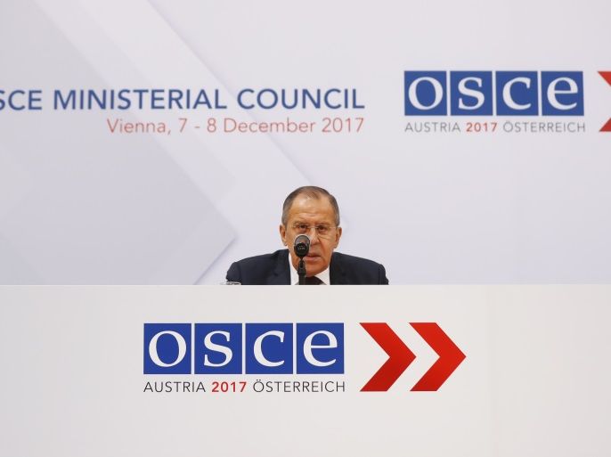 Russia's Foreign Minister Sergei Lavrov addresses a news conference during a meeting of OSCE Foreign Ministers in Vienna, Austria, December 8, 2017. REUTERS/Leonhard Foeger