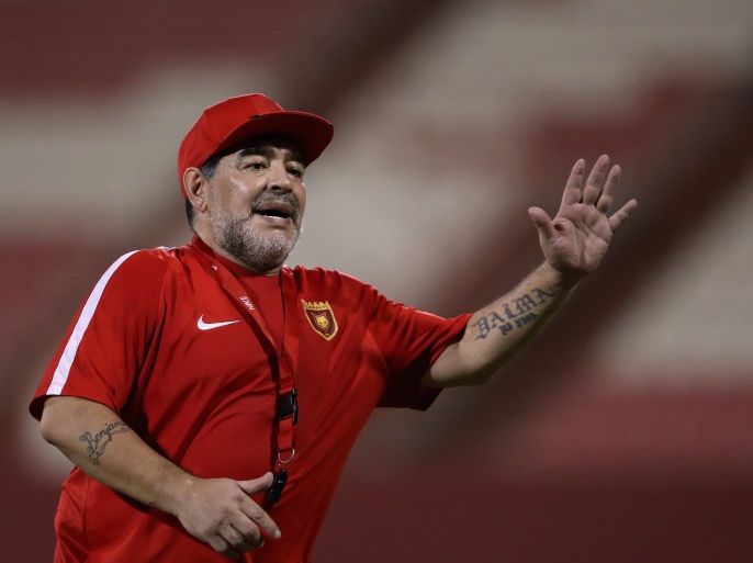 FUJAIRAH, UNITED ARAB EMIRATES - JULY 24: Diego Maradona, the new head coach of Fujairah FC gestures to players during a training session at Fujairah Stadium on July 24, 2017 in Fujairah, United Arab Emirates. (Photo by Francois Nel/Getty Images)