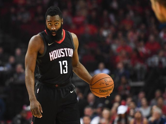 Dec 11, 2017; Houston, TX, USA; Houston Rockets guard James Harden (13) reacts during the first quarter against the New Orleans Pelicans at Toyota Center. Mandatory Credit: Shanna Lockwood-USA TODAY Sports