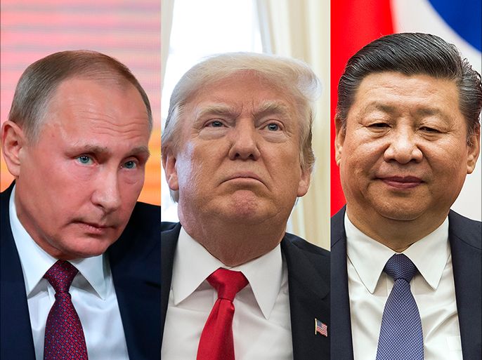 صورة تجميع لوجوه رؤساء الولايات المتحدة ترمب، وروسيا فلاديمير بوتين، والصين تشي