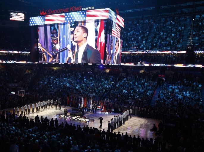 Feb 19, 2017; New Orleans, LA, USA; An overall view of the national anthem sung by Jon Batiste before the 2017 NBA All-Star Game at Smoothie King Center. Mandatory Credit: Derick E. Hingle-USA TODAY Sports