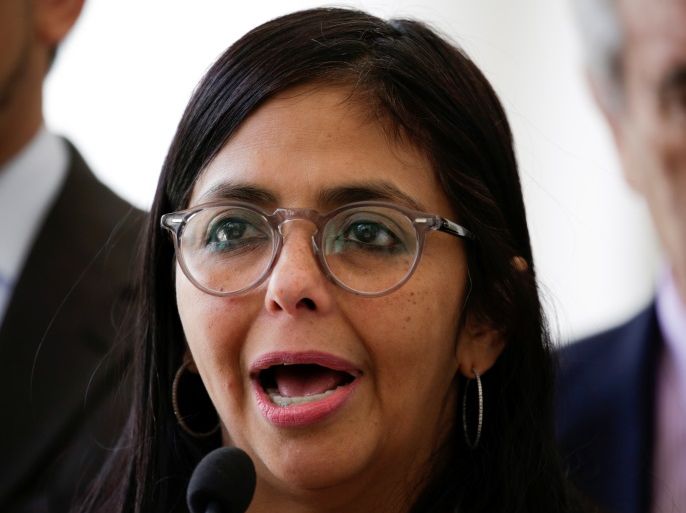 President of Venezuela's National Constituent Assembly Delcy Rodriguez talks to the media after her meeting with members of the Parlasur, the parliament of the Mercosur trade bloc, in Caracas, Venezuela September 15, 2017. REUTERS/Marco Bello