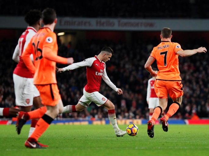 Soccer Football - Premier League - Arsenal vs Liverpool - Emirates Stadium, London, Britain - December 22, 2017 Arsenal's Granit Xhaka scores their second goal REUTERS/Eddie Keogh EDITORIAL USE ONLY. No use with unauthorized audio, video, data, fixture lists, club/league logos or