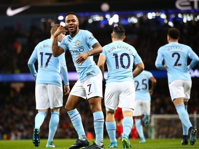 MANCHESTER, ENGLAND - JANUARY 02: Raheem Sterling of Manchester City celebrates after scoring his sides first goal during the Premier League match between Manchester City and Watford at Etihad Stadium on January 2, 2018 in Manchester, England. (Photo by Julian Finney/Getty Images)