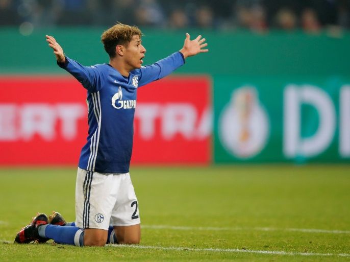 Soccer Football - DFB Cup Third Round - Schalke 04 vs FC Cologne - Veltins-Arena, Gelsenkirchen, Germany - December 19, 2017 Schalke’s Amine Harit reacts REUTERS/Wolfgang Rattay DFB RULES PROHIBIT USE IN MMS SERVICES VIA HANDHELD DEVICES UNTIL TWO HOURS AFTER A MATCH AND ANY USAGE ON INTERNET OR ONLINE MEDIA SIMULATING VIDEO FOOTAGE DURING THE MATCH.