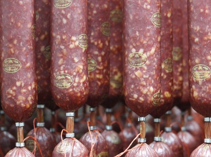 A view shows sausages at the meat-processing factory