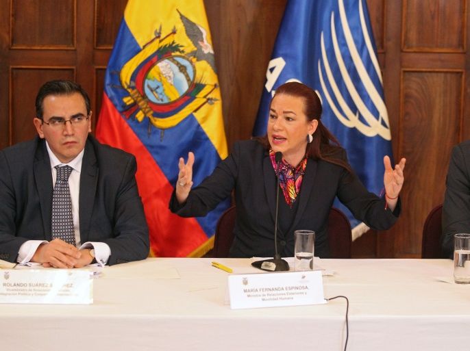 Ecuador's Foreign Minister Maria Fernanda Espinosa gestures while addressing the media next to Vice Ministers Rolando Suarez (L) and Jose Luis Jacome in Quito, Ecuador January 11, 2018. REUTERS/Daniel Tapia