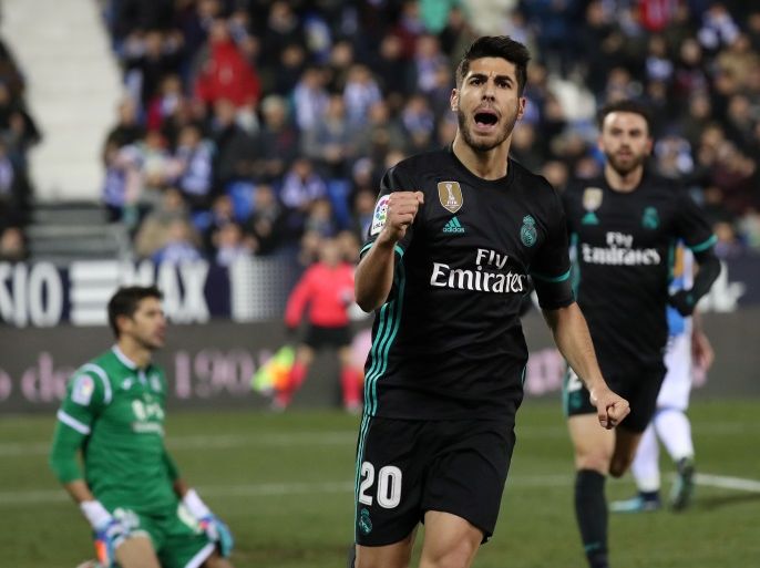 Soccer Football - Spanish King's Cup - Leganes vs Real Madrid - Quarter-Final - First Leg - Butarque Municipal Stadium, Leganes, Spain - January 18, 2018 Real Madrid’s Marco Asensio celebrates scoring their first goal REUTERS/Susana Vera