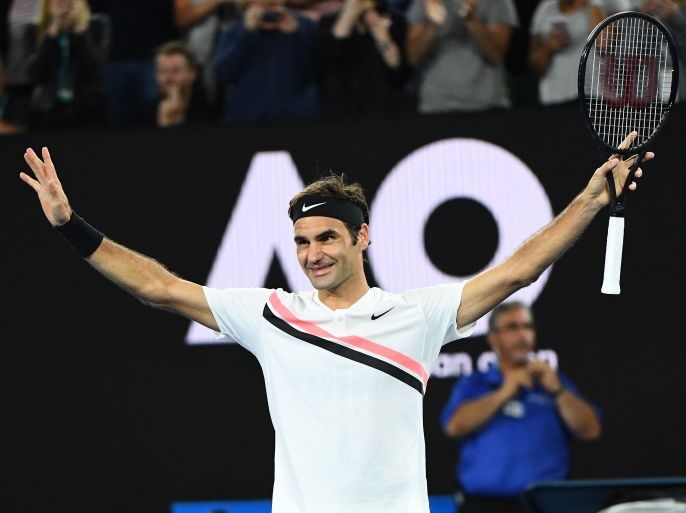 MELBOURNE, AUSTRALIA - JANUARY 24: Roger Federer of Switzerland celebrates winning his quarter-final match against Tomas Berdych of the Czech Republic on day 10 of the 2018 Australian Open at Melbourne Park on January 24, 2018 in Melbourne, Australia. (Photo by Quinn Rooney/Getty Images)