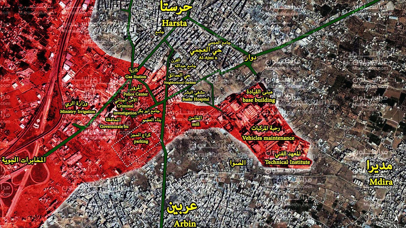 خريطة حديثة للوضع الميداني في حرستا ومحيطها نشرتها مواقع موالية للنظام (اللون الأحمر يرمز لمناطق سيطرة النظام)