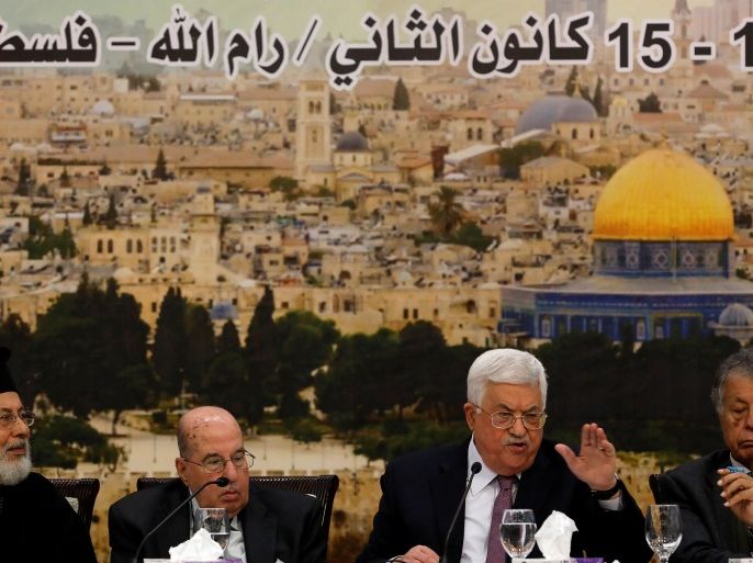 Palestinian President Mahmoud Abbas speaks during the meeting of the Palestinian Central Council in the West Bank city of Ramallah January 14, 2018. REUTERS/Mohamad Torokman